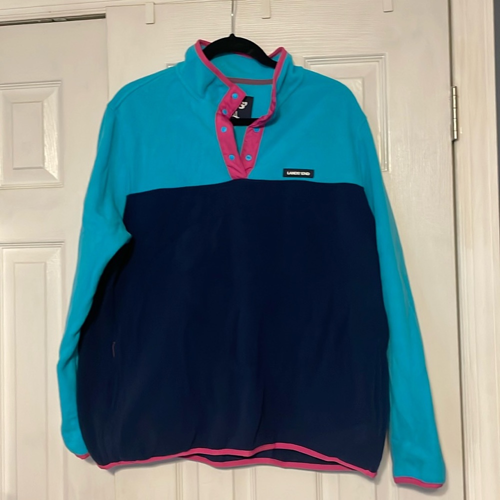 Land's End Snap Neck Pullover Heritage Fleece. Teal/turquoise and Navy Blue